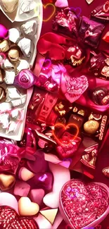 Heart-shaped chocolates in red tones, perfect for a Valentine's mobile wallpaper.