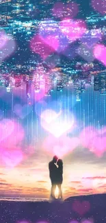 Couple silhouette with heart-filled city skyline.