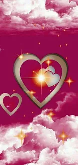 Pink heart and cloud wallpaper with sparkling accents.