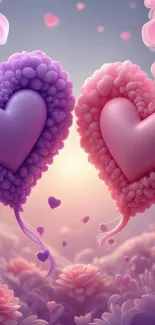 Heart-shaped clouds with pink and purple hues