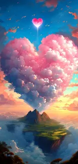 Heart-shaped cloud towering over a serene landscape with vibrant sky hues.