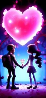 Silhouetted couple holding hands under a glowing pink heart on a vibrant wallpaper.