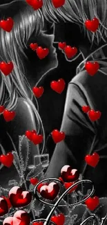 Romantic couple with red hearts mobile wallpaper.