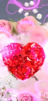 Heart-shaped crystal with pink floral background.