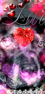 Romantic dog with hearts and love text in pink hues.