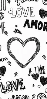 Black and white heart doodle wallpaper with love phrases and motifs.