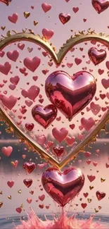 Artistic explosive heart design wallpaper with pink hues and floating hearts.
