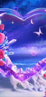 Romantic heart crystal wallpaper with ocean and roses.