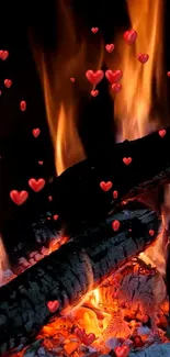 Romantic fire with floating red hearts wallpaper.