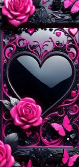 Heart-shaped frame with roses and butterflies in pink and black wallpaper.