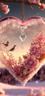 Heart-shaped design with pink flowers and birds on a dreamy background.