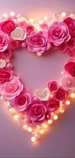 Heart-shaped bouquet of pink roses glowing softly.