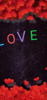 Romantic galaxy wallpaper with red hearts and 'LOVE' lettering.