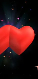 Two glowing red hearts on a starry galaxy background.