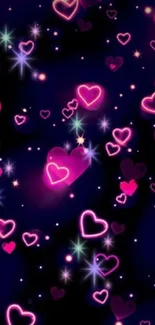 Vibrant wallpaper with neon hearts and stars on a midnight blue background.