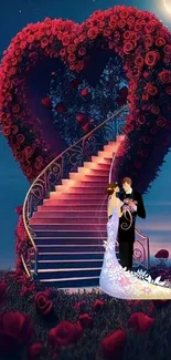 Romantic heart-shaped floral arch wallpaper with couple.