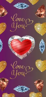 Romantic phone wallpaper with gem hearts and gold accents.