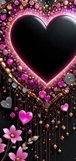 Heart-shaped gem design in pink and black with floral accents on mobile wallpaper.