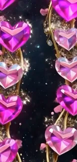 Romantic pink heart gem wallpaper with starry background.