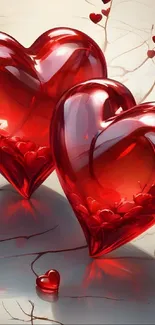 Romantic glass hearts with vibrant red tone on elegant background.