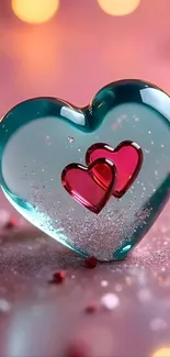 Glass heart with pink accents and sparkles on a soft background.