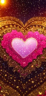 Romantic pink heart with gold glitter glow on mobile wallpaper.