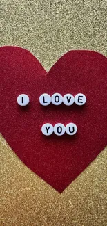 Red heart on gold glitter background with 'I Love You' text.