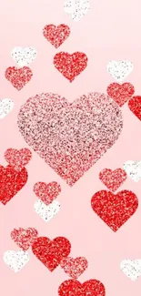 Romantic glitter heart wallpaper with pink background and red accents.