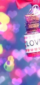 Heart-shaped bokeh with love potion bottle.