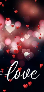 Romantic wallpaper with glowing hearts and bokeh effects.