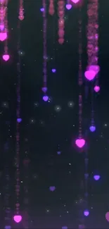 Romantic wallpaper with glowing pink and purple hearts on a dark background.