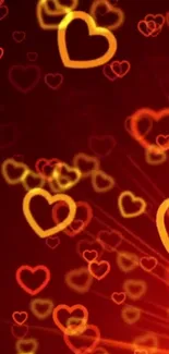 Romantic red wallpaper with glowing hearts.