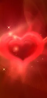 Romantic glowing heart with starry accents on a red background.