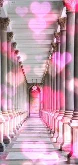 Romantic hallway with pink heart overlays and columns.