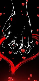 Black and red heart wallpaper with hands and love text.