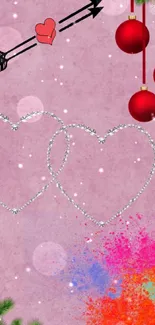 Mobile wallpaper with hearts and holiday ornaments.