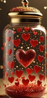 A decorative glass jar filled with red hearts.