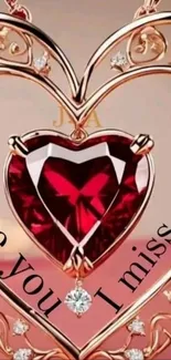 Sparkling red heart jewel with love messages on a mobile wallpaper.