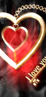 Romantic heart and key wallpaper in red and gold hues with black background.