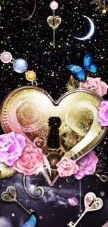 Romantic heart keyhole with roses and butterflies wallpaper.