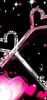 Heart-shaped key with pink accents on a starry black background.