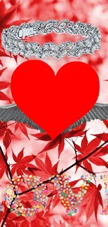 Red heart with wings and crown on red leaf background.