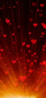 Romantic wallpaper with glowing red hearts and radiant light.