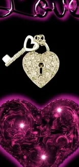 Romantic wallpaper with a heart lock and pink highlights on a black background.