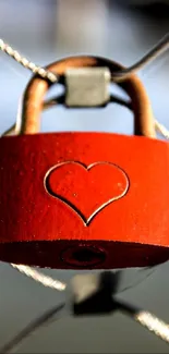 Red heart lock hanging on wire mesh fence.