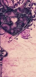 Romantic heart lock and key wallpaper in pink with floral patterns.