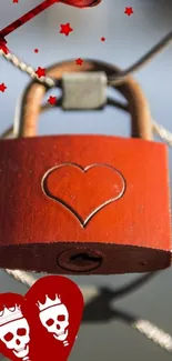 Red heart lock wallpaper with romantic theme.