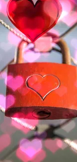 Red heart lock on fence with love symbol.