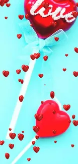 Heart-shaped lollipop with 'love' on a turquoise background.