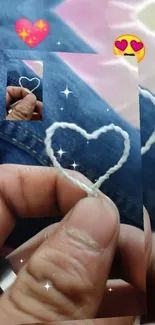 Handcrafted heart loop on denim with emojis and sparkles.